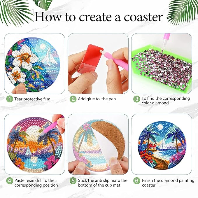 EWJRNSF 8 PCS Beach Diamond Art Coasters DIY Kit