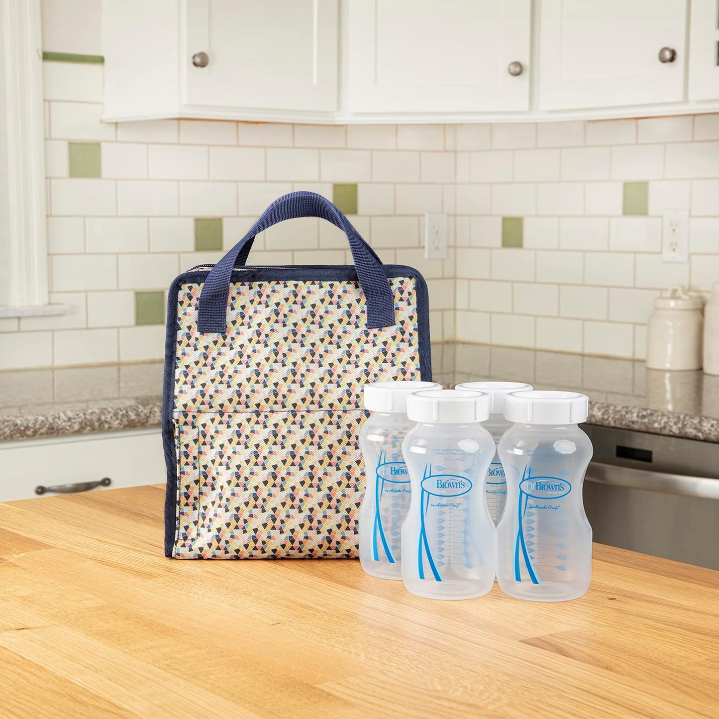 Dr. Brown's Fold & Freeze Bottle Tote, Travel Baby Bottle Insulated Cooler Bag, Store Up to 6 Baby Bottles, Geometric Multicolor, BPA Free