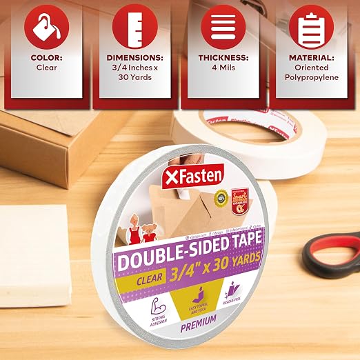 XFasten Clear Double Sided Sticky Tape, 3/4-Inch x 30-Yards, Single Roll Ideal