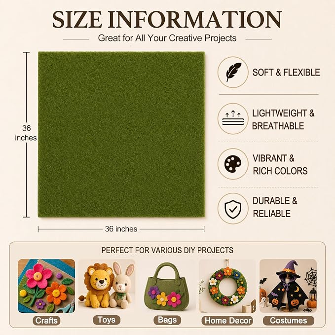 Moss Green Large Felt Fabric 36" x 36", 1.4 mm Soft Felt Sheet, Nonwoven Fabric