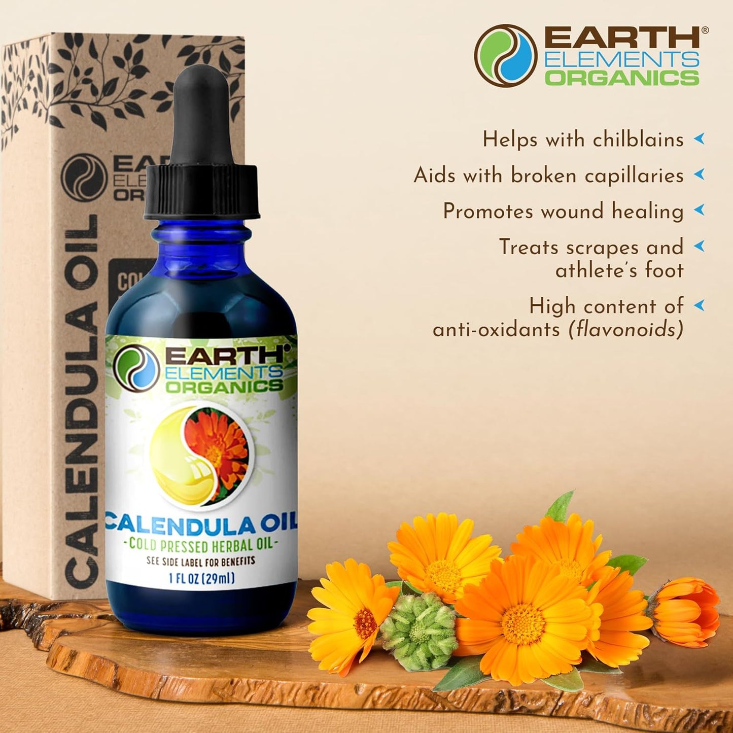 Calendula Oil with Sunflower Oil, Herbal Remedy for Cuts, Scrapes, Rashes, Chapped or Damaged Skin, Ideal for Irritated Areas, Organic Skincare for All Skin Types - 1 fl oz