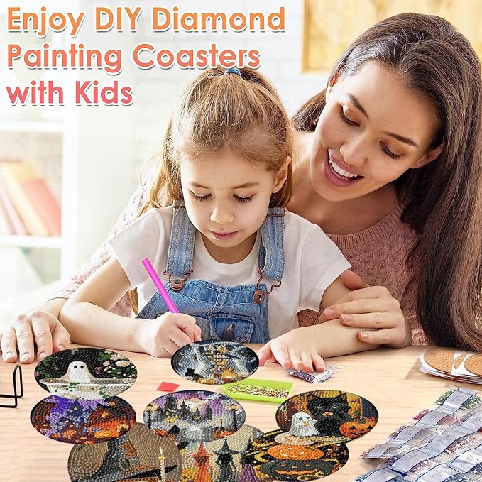 ijbnhd 8 Pcs Halloween Diamond Art Coasters Kits | Halloween Diamond Painting