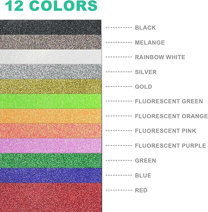 Glitter HTV Heat Transfer Vinyl Bundle -12 Pack 12”x 10" Glitter HTV Heat