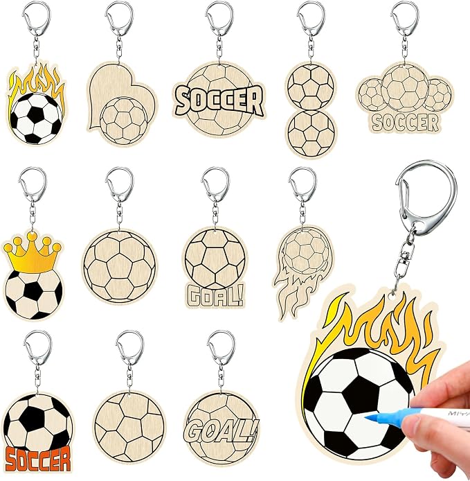 RattanView 24 Pcs Soccer Craft Color Your Own Keychains Diy Craft Wooden Blank