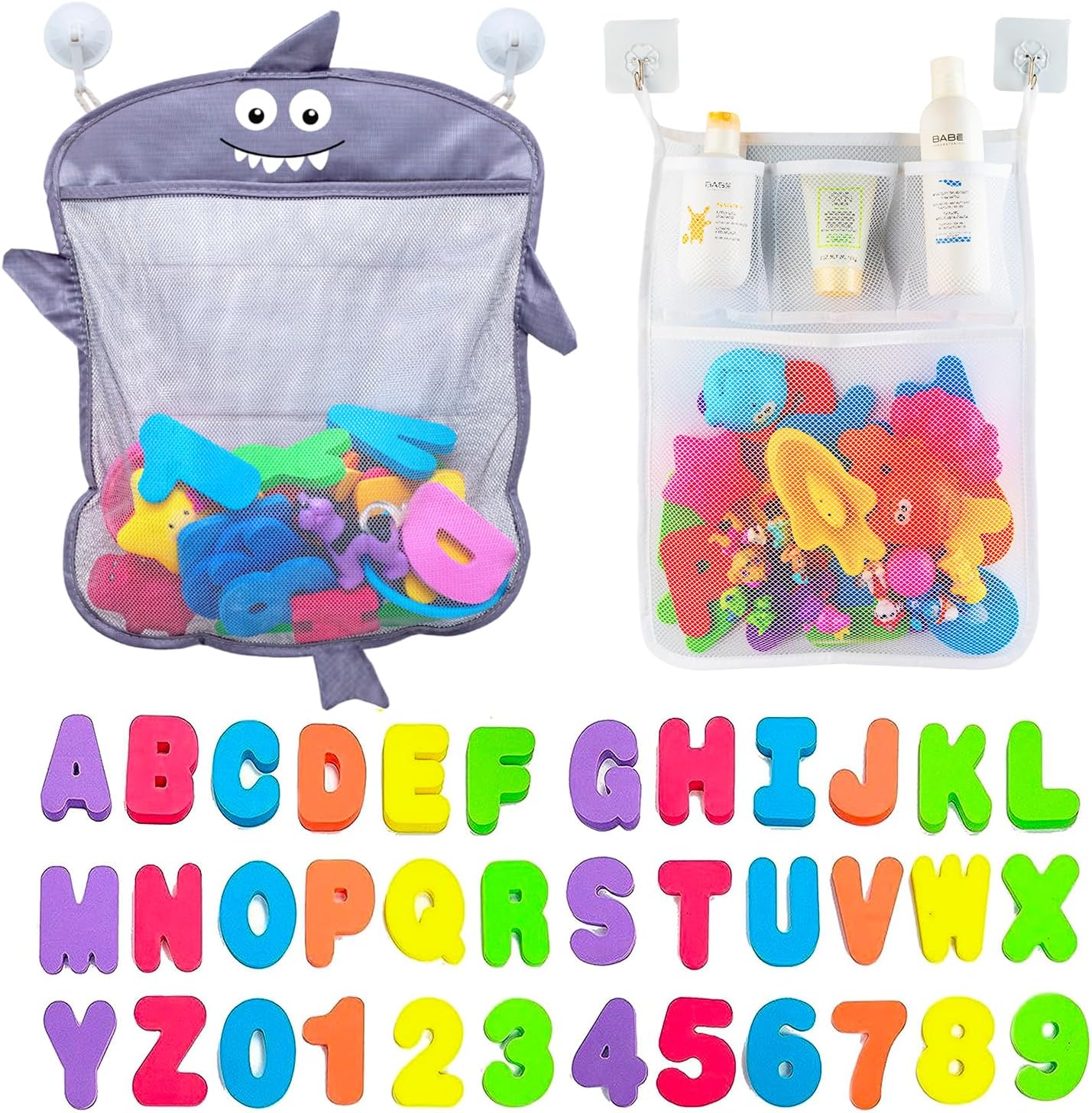 Comfylife Baby Bath Toy Organizer - Shark +36 Bath Letters & Numbers +Extra Bath Toy Storage Net & 10 Strong Hooks, Great Bath Net for Kids, Cute Bathtub Toy Organizer and Bath/Shower Caddy Solution