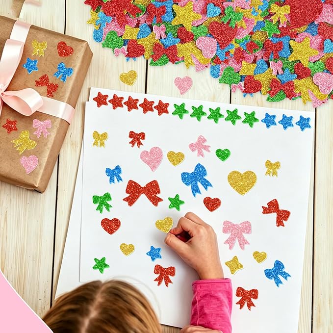625Pcs Foam Stickers Glitter Colorful Star Heart Bow Shapes Stickers 5Sheets 3D