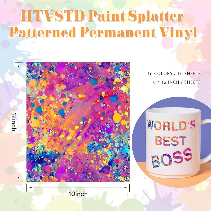 Paint Splatter Patterned Permanent Adhesive Vinyl 16pcs 12'' x 10'' | Paint