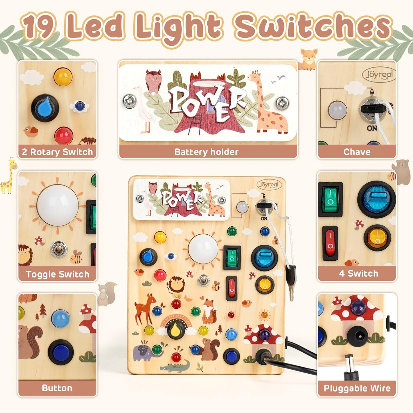 Joyreal Wooden Busy Board with LED Lights, Montessori Sensory Toys for Toddlers, Activity Fidget Board Travel Toys for Fine Motor Skills & Learning, Gifts for 1-3 Year Old Boys & Girls (Forest Theme)