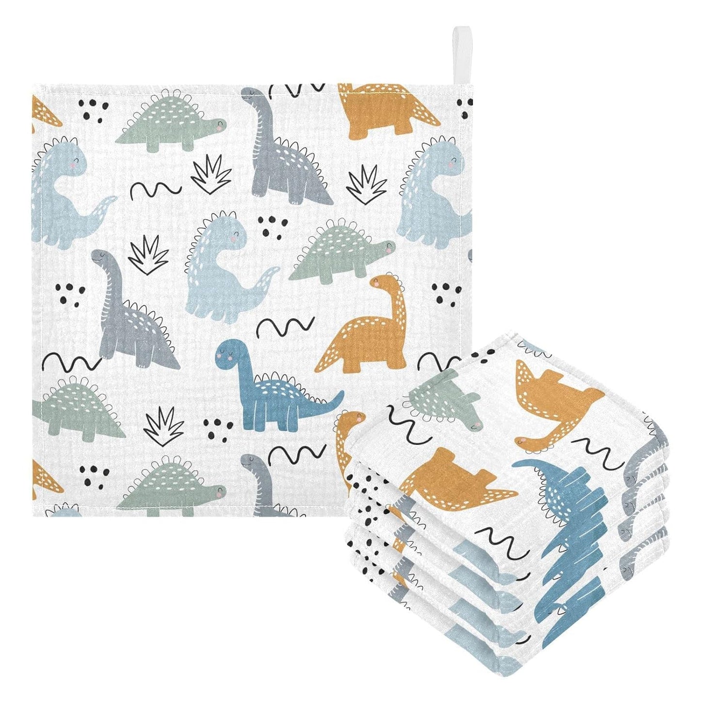 Cute Dinosaurs Bushes Dots Doodles Burp Cloths for Boys Girls Cute Childish Dino Baby Muslin Washcloths Newborn Soft Absorbent Face Bath Towel Kids Wash Cloth 12 x 12,3 Pack