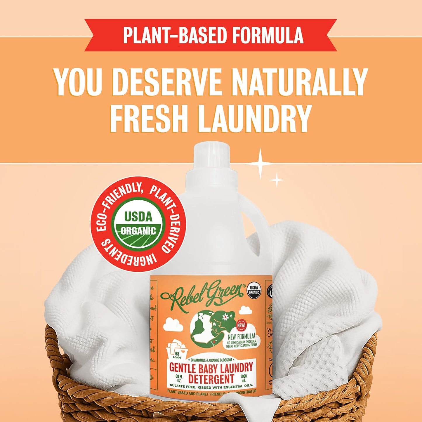 Rebel Green Organic Baby Laundry Detergent - Natural Laundry Soap - Liquid Laundry Detergent - Gentle Laundry Detergent - Chamomile & Orange Blossom Scent - (68 Load Bottles, 2 Pack)