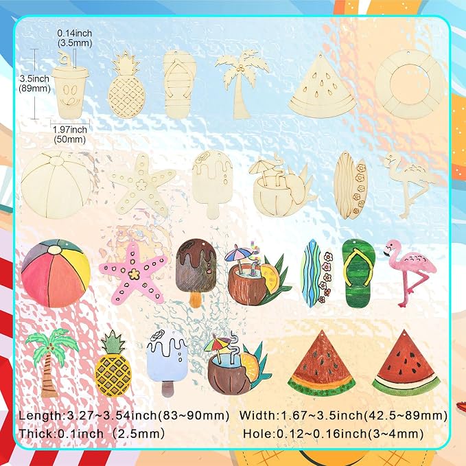 32 pcs Mixed Styles Beach Theme Unfinished Wood Cutout Charms Watermelon Ice