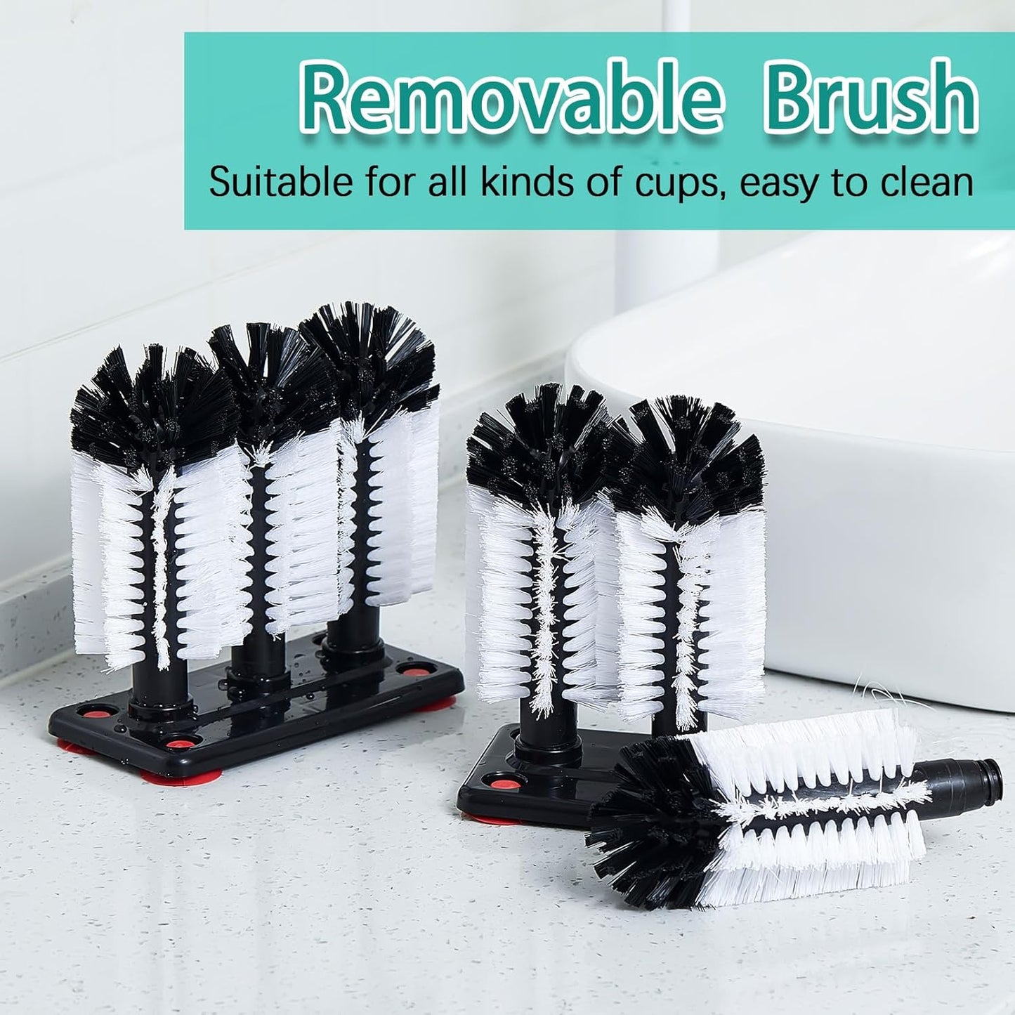 Havawish 3 Pack Water Bottle Cleaning Brush with Suction Base, 3 Head Bristle Bar Glass Washer for Sink, Cup Washer Brush Cleaner for Bar Beer Cup, Wine Glass(7.3 x 3.7 x 7.5)
