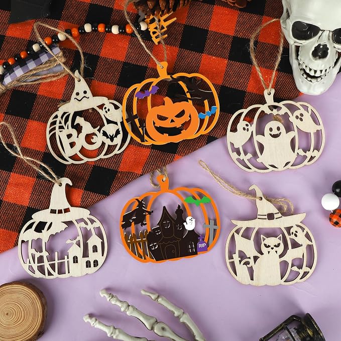 24 PCS Unfinished Wooden Halloween Crafts, Pumpkin Shaped Hanging Ornaments DIY