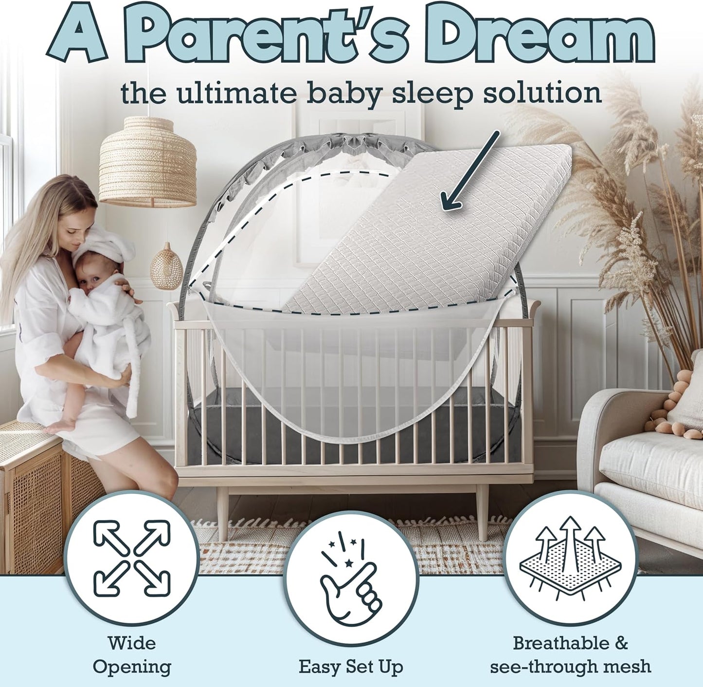Baby Crib Tent - Toddler Bed Tent w/White Noise Machine, Wide Zipper Opening - Easy Setup Crib Cover w/Glow in The Dark Stickers & Custom Multi Color Light, Breathable Mesh Cribs Net (Gray)