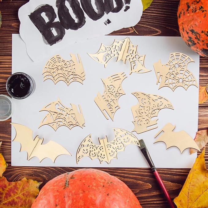 COCHIE DIY 3D Halloween Bats Wood Crafts to Paint, Paintable Unfinished Wooden
