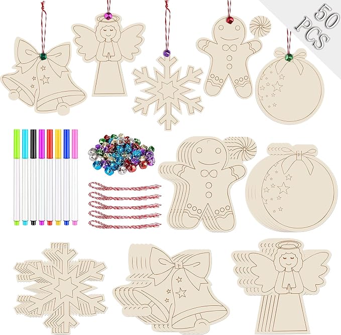 Artmag 50pcs Unfinished Wooden Christmas Ornaments Wood Slices