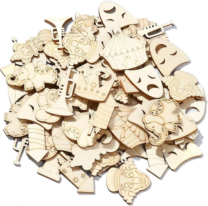 200 Pcs Unfinished Wooden Cutouts Carnival Blank Wood Slices Circus Wooden