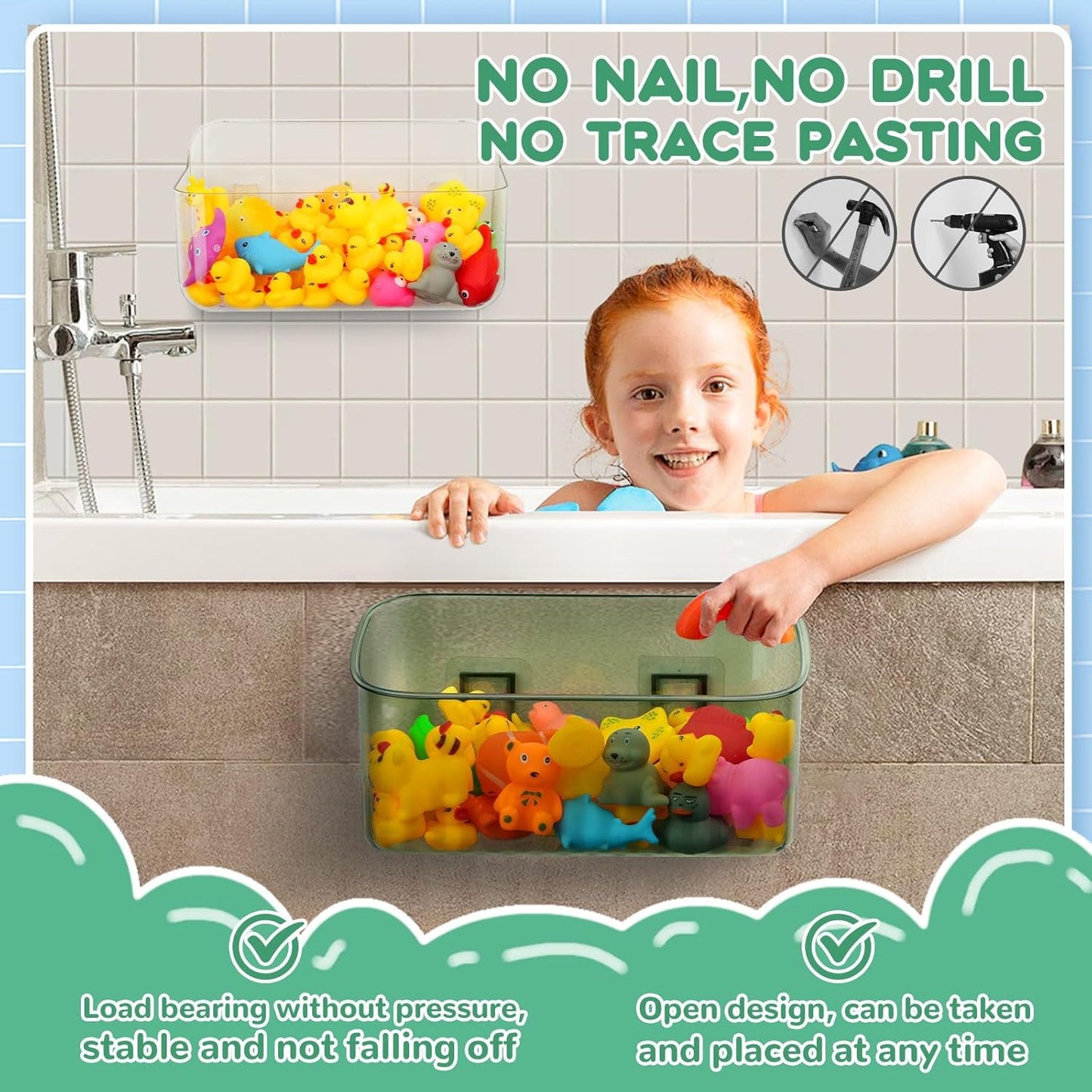 Bath Toy Storage Holder for Bathtub 4pcs, Large Capacity Clear Bath Toy Holder,Staple Free Sticky Bath Toy Organizer,Suitable for Bathroom Toy Organisation and Storage