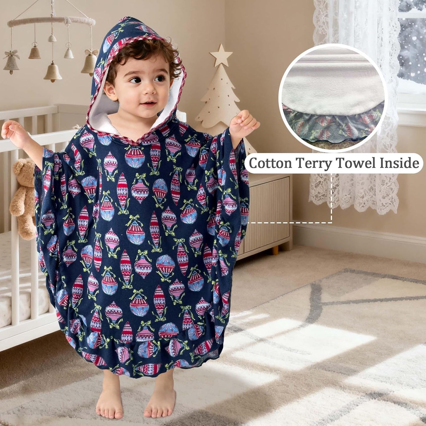 VOOVA & MOVAS Hooded Towel Poncho for Toddler with Ruffle Trim | Soft 100% Cotton | Absorbent Thick Towel for Bath, Swim, Beach & Winter | Cozy, Christmas Lamp