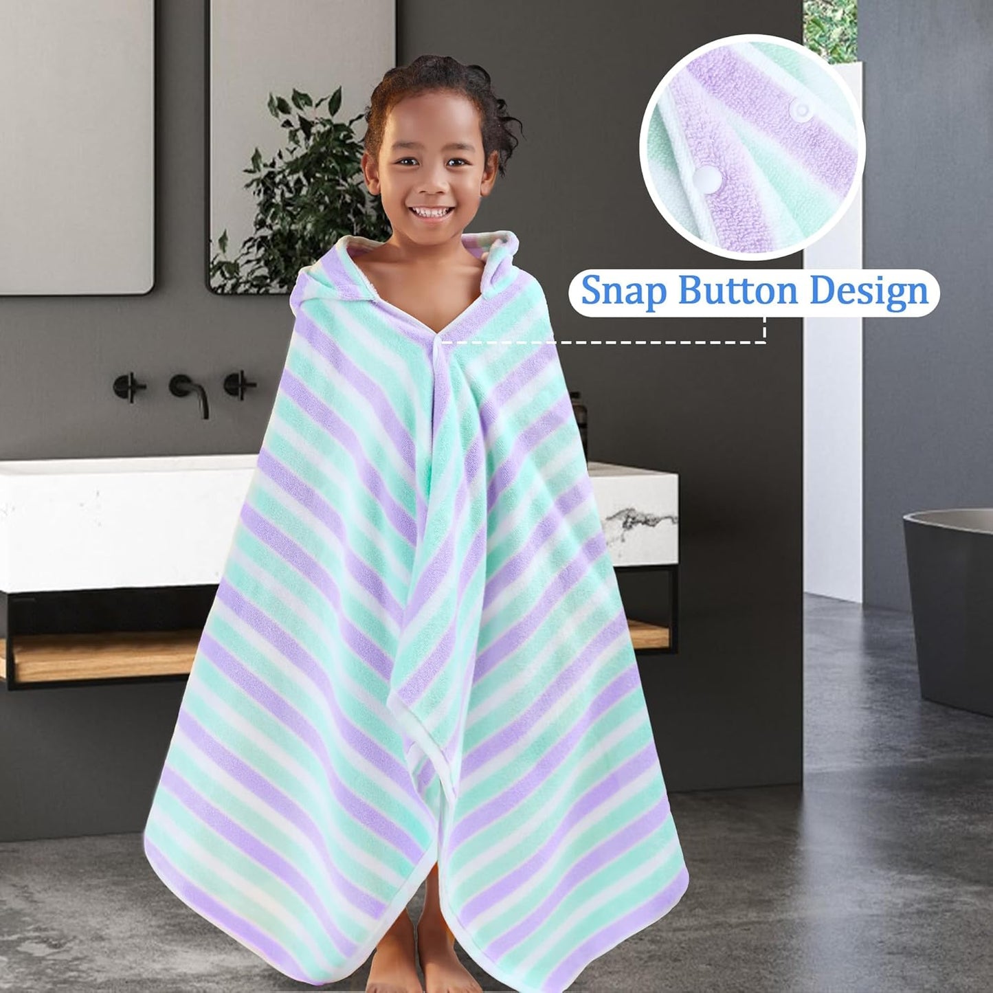 VOOVA & MOVAS Kids Hooded Bath Towels(3-10Years),Absorbent Quick Dry Lightweight Hooded Cotton Towel for Pool | Swim | Beach | Bath, Boys Wrap Towel with Hood, Aqua Purple Stripe