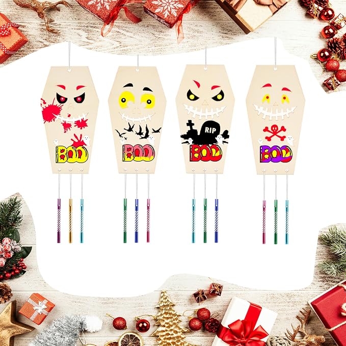 Wooden Coffins Wind Chime Ornaments Painting Craft, 6 Style Cutouts