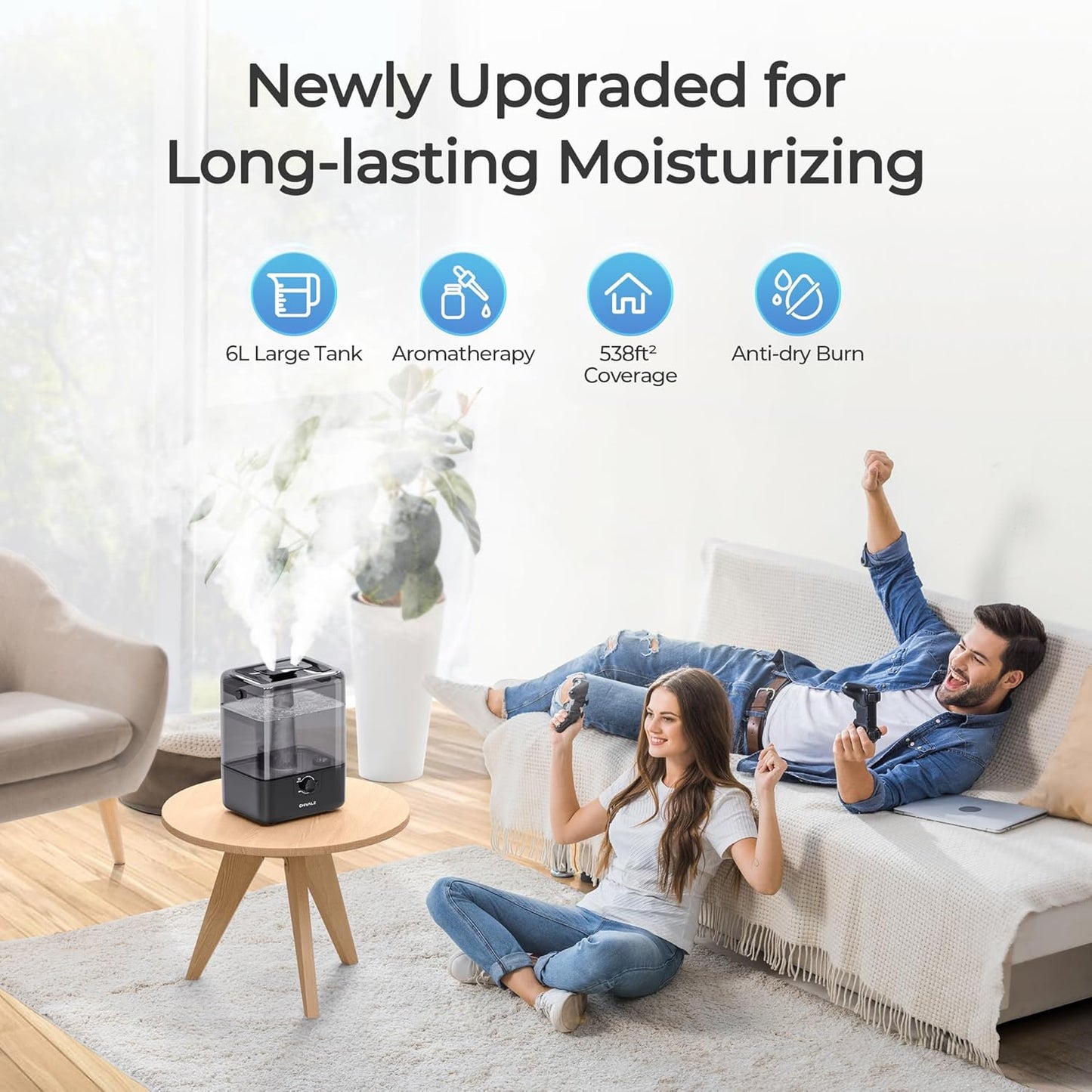 CHIVALZ Humidifiers for Bedroom, 6L Cool Mist Humidifiers for Baby Nursery, 26dB Quiet, 50H Runtime, Top Fill Humidifier for Large Room, Home, Plants, Nightlight, Oil Diffuser 1 Pack Black