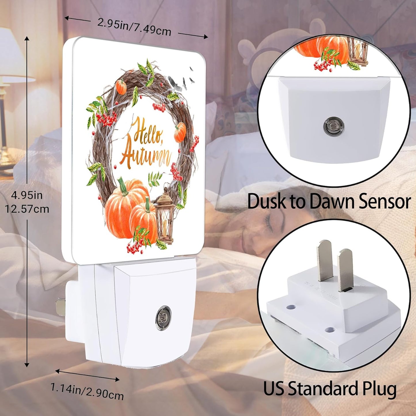 Hello Autumn Night Light, Pumpkin Plug into Wall with Dusk to Dawn Light Sensors, Warm Nightlights for Bedroom, Bathroom, Hallway, Kitchen, Gifts Ideal for Boys Girls Women Men
