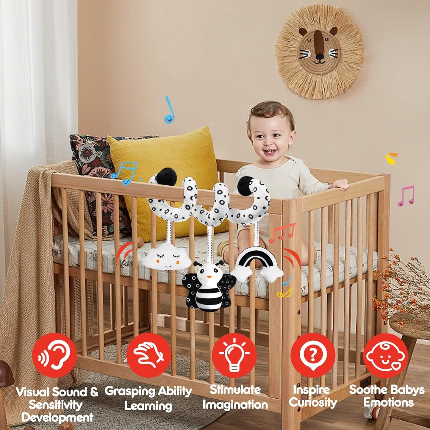 Baby Spiral Hanging Stroller and Car Seat Toys Black and White High Contrast Sensory Toy Newborn Plush Activity Toys Party Favors Quality Gifts for Baby Shower -BEE