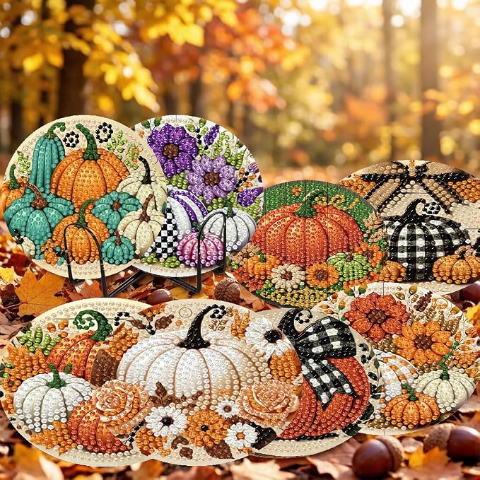 LWZAYS 8 PCS Fall Pumpkin Diamond Art Coaster Kits
