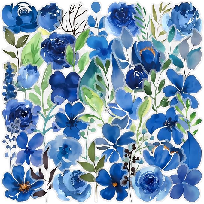 50PCS Blue Watercolor Flower PET Stickers, Waterproof Botanical Stickers