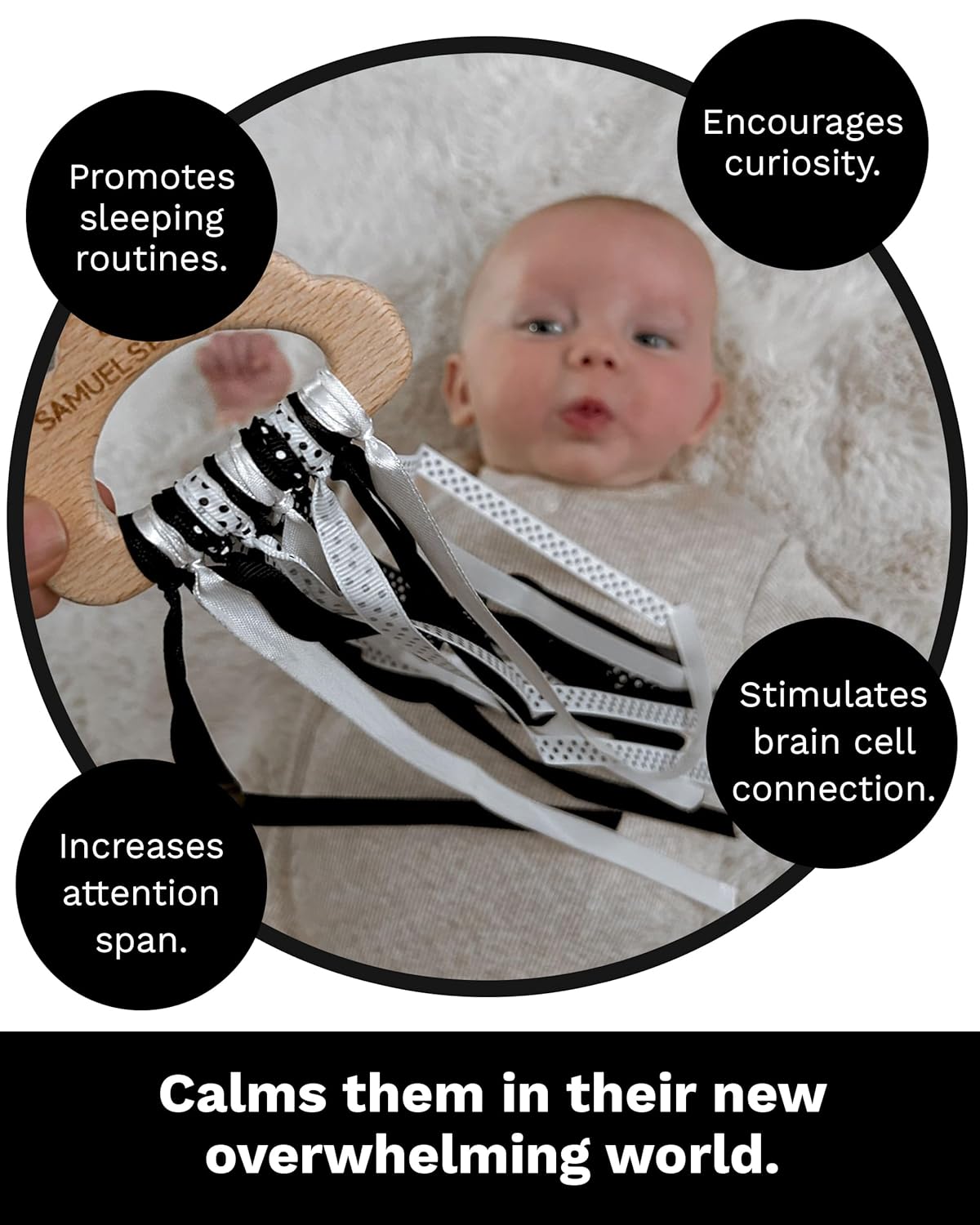 Samuel Sensory Toys Cloud Ribbon - Black and White Baby Toys 0-3 Months Made with Beech Wood & Soft Grosgrain and Satin Ribbon - Developmental High Contrast Baby Toys & Tummy Time Toys