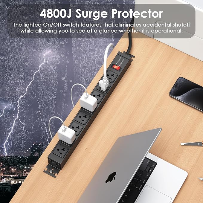 JUNNUJ 20 Amp Power Strip Surge Protector 4800J, Heavy Duty 8 Outlet Metal Multi Angle Mount, 20A Garage Power Strip Shop 6-20R T-Slot, 5-15P Plug 12 Gauge Extension Cord 6ft for Appliance