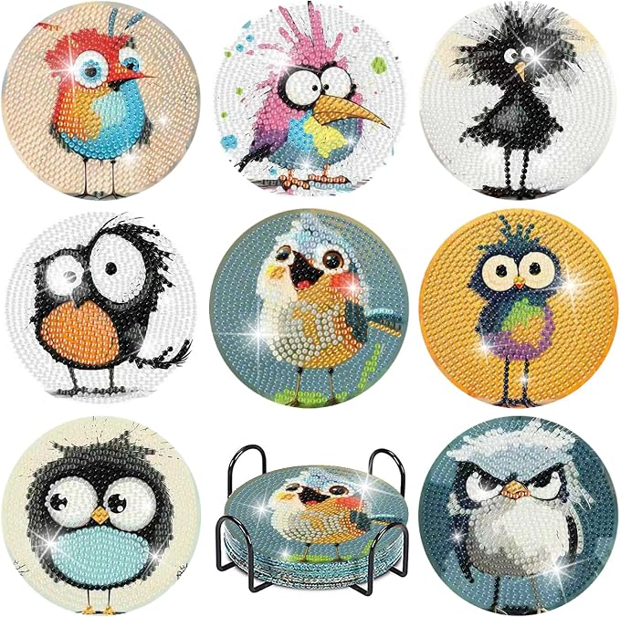 8 Pcs Retro Birds Diamond Art Coasters Kits