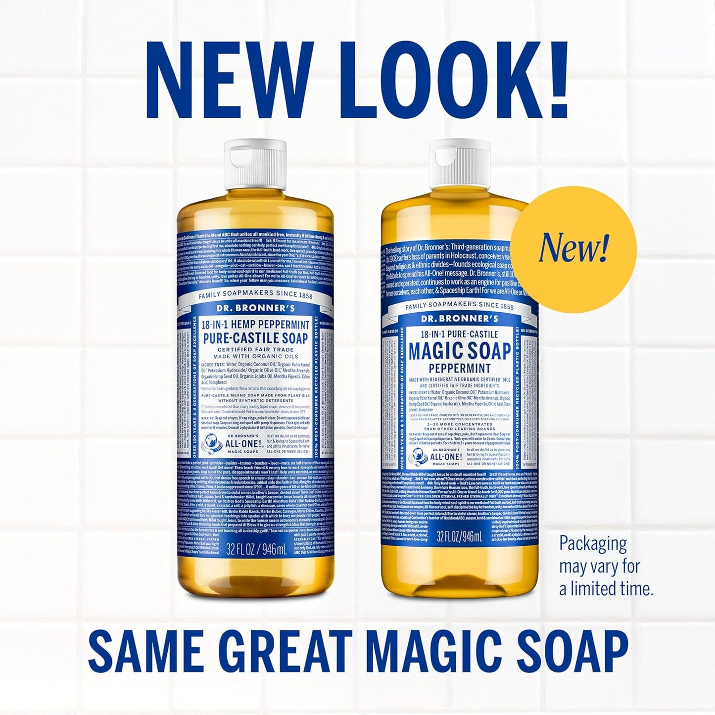 Dr. Bronner's Pure-Castile Magic Liquid Soap Made with Regenerative Organic Oils, Vegan, Concentrated, Body Wash- For Face, Hair, Laundry - 32oz Variety 3-Pack (Peppermint, Baby Unscented, Lavender)