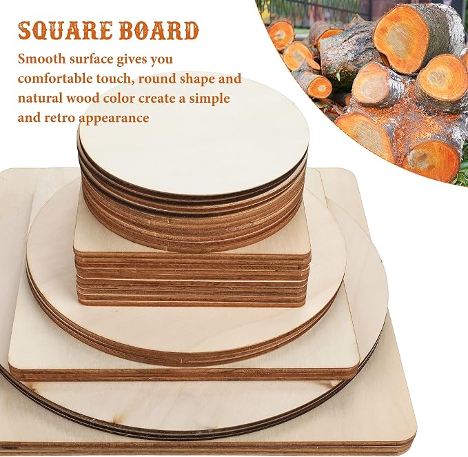 32 Pieces Unfinished Blank Wood Circles Squares