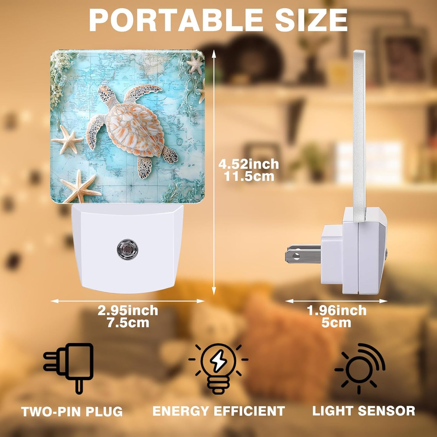 Vintage Ocean Turtle Night Light, World Map Plug-in Nightlight with Dusk to Dawn Auto Sensor for Home Bedroom Hallway Kitchen 0.5W Sleep Friendly Led Lamp for Women Men