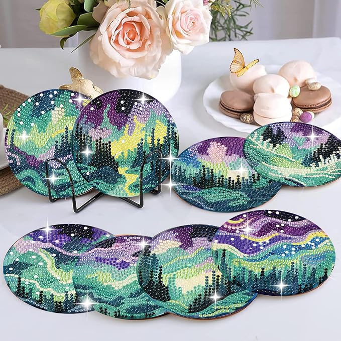 8 Pack Diamond Art Coasters, Northern Lights Diamond Painting Coasters Kits |