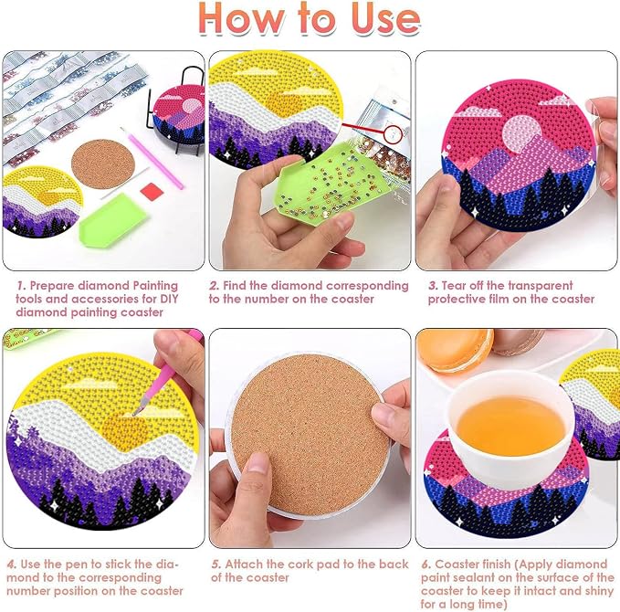 8 PCS Diamond Art Coasters Kits Moutain Sunset Diamond Painting Coaster |
