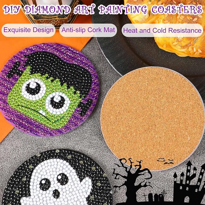 UPINS 8Pcs Halloween Diamond Art Painting Coasters Kits