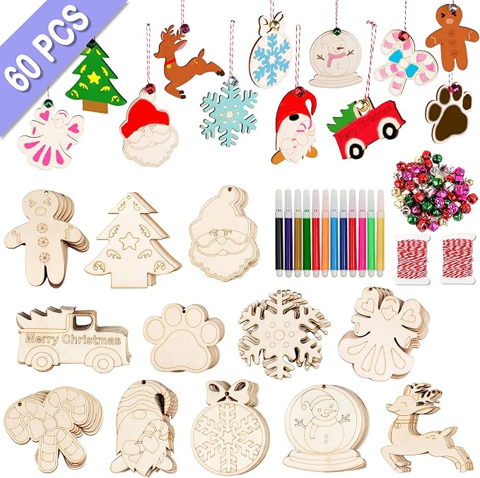 GUDELAK 60PCS DIY Wooden Christmas Ornaments, 12 Styles Christmas Crafts