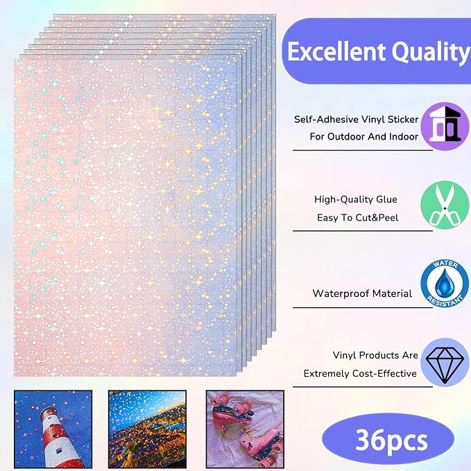 Clabby 36 Sheets Holographic Sticker Paper A4 Vinyl Holographic Laminate Sheets
