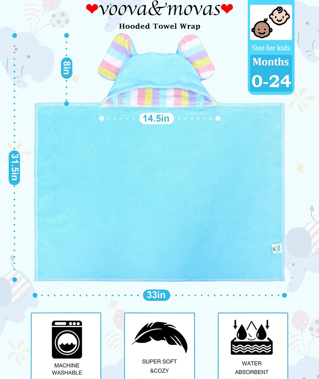 Thick Baby Hooded Bath Towel - 100% Cotton,500GSM, 33x31.5 Inches,0-2Years, Super Absorbent Large Towel with Cute Elephant Ears Hood for Newborn,Toddler,infant,Baby Essentials,Light Blue