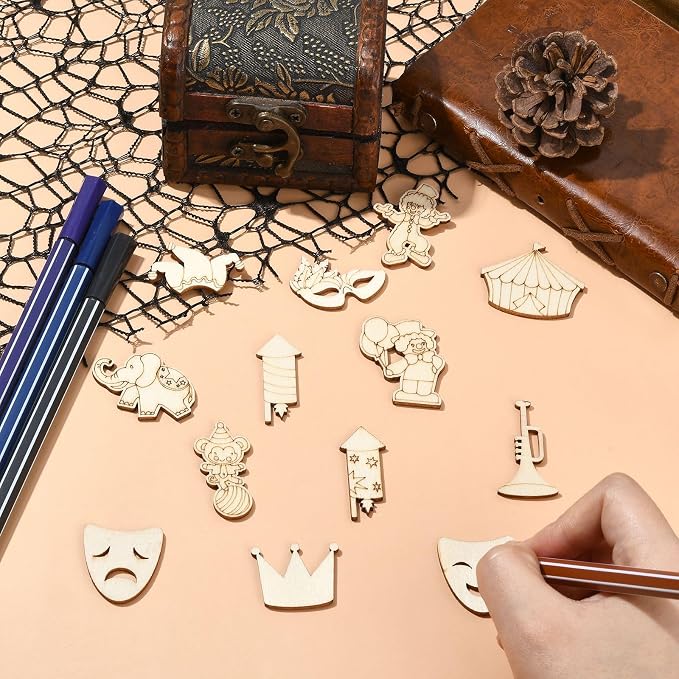 200 Pcs Unfinished Wooden Cutouts Carnival Blank Wood Slices Circus Wooden