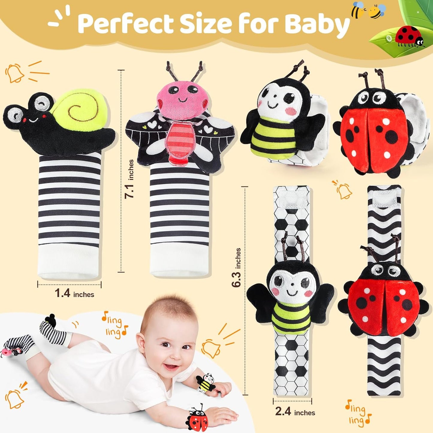 URMYWO Wrist Rattles for Baby - Rattle Socks - Foot Finder Set - High Contrast Black and White Baby Toys for 0-12 Months Infant - Newborn Essentials - Sensery Toys for Boys and Girls as Shower Gifts