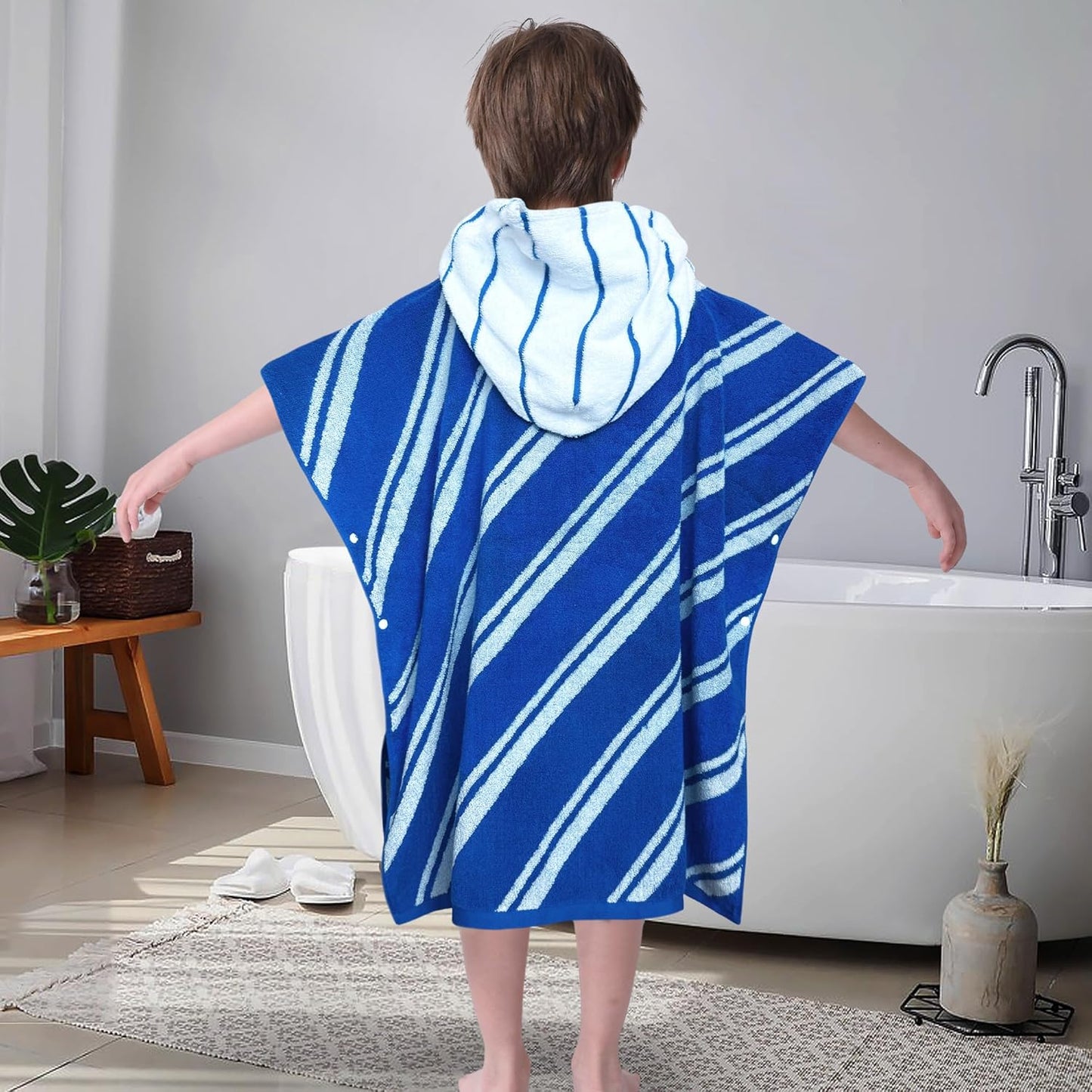 VOOVA & MOVAS Kids Hooded Poncho Towels (4-8Years,27.5"x27.5"),100% Cotton Soft Absorbent Towel for Boys,Perfect for Bathroom | Pool | Beach | Swimming, Jacquard Blue Stripe