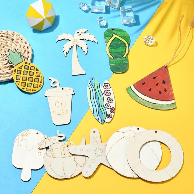 32 pcs Mixed Styles Beach Theme Unfinished Wood Cutout Charms Watermelon Ice