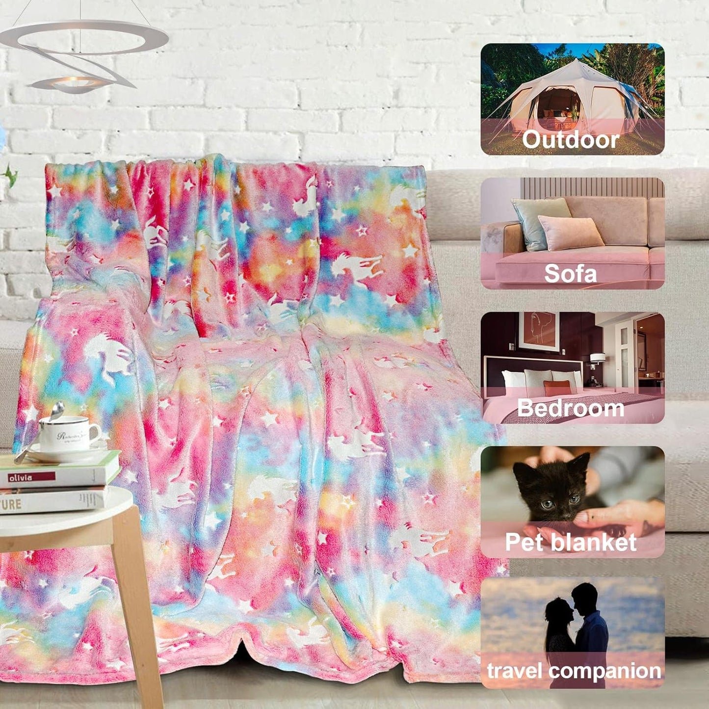 TEHALK Personalized Unicorn Blanket for Girls, Glow in The Dark, Kids Throw Blanket, 30"x40", Pink