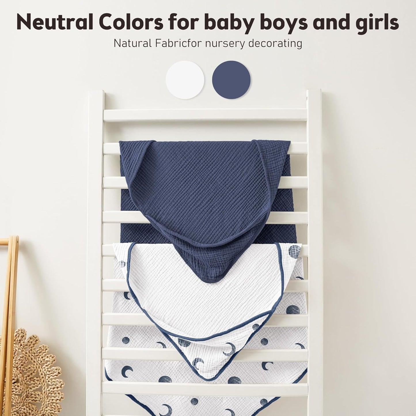 Susurration Hooded Baby Towels for Newborn 2 Pack 100% Muslin Cotton Towel for Babies，Highly Absorbent and Newborn Essential 30x30 Inch Moon&Royal Blue
