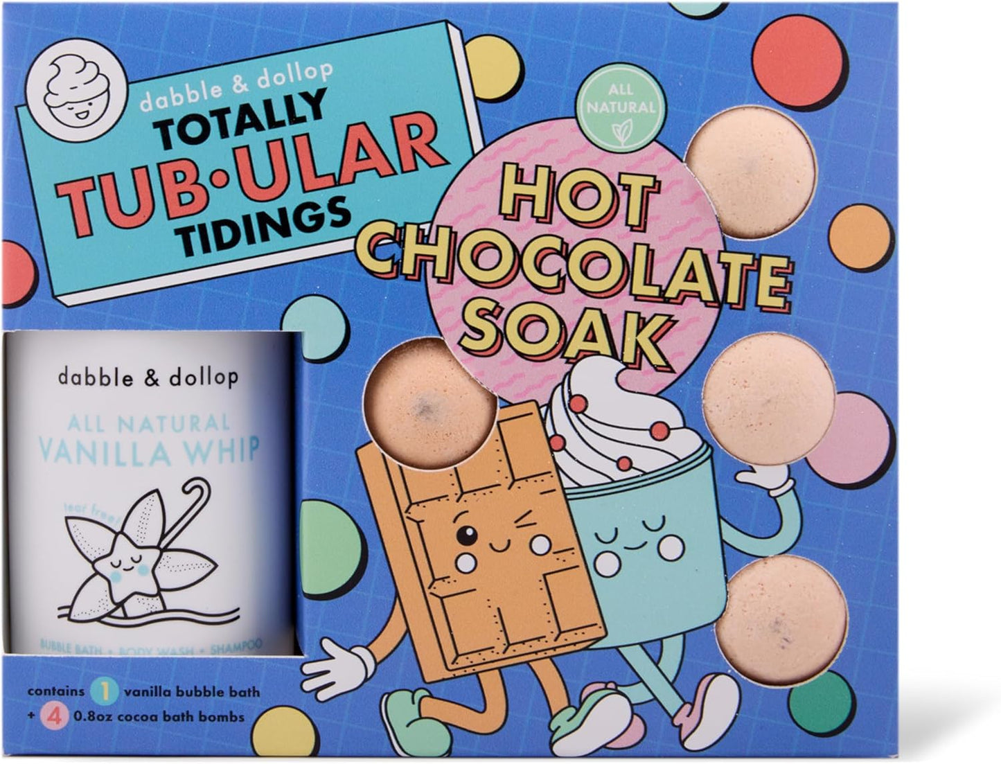 Dabble & Dollop Totally Tub-ular Tidings Hot Chocolate Soak - Holiday Bath Gift Set with 4 All-Natural Cocoa Bath Bombs and Vanilla Whip 3-in-1 Bubble Bath, Body Wash & Shampoo