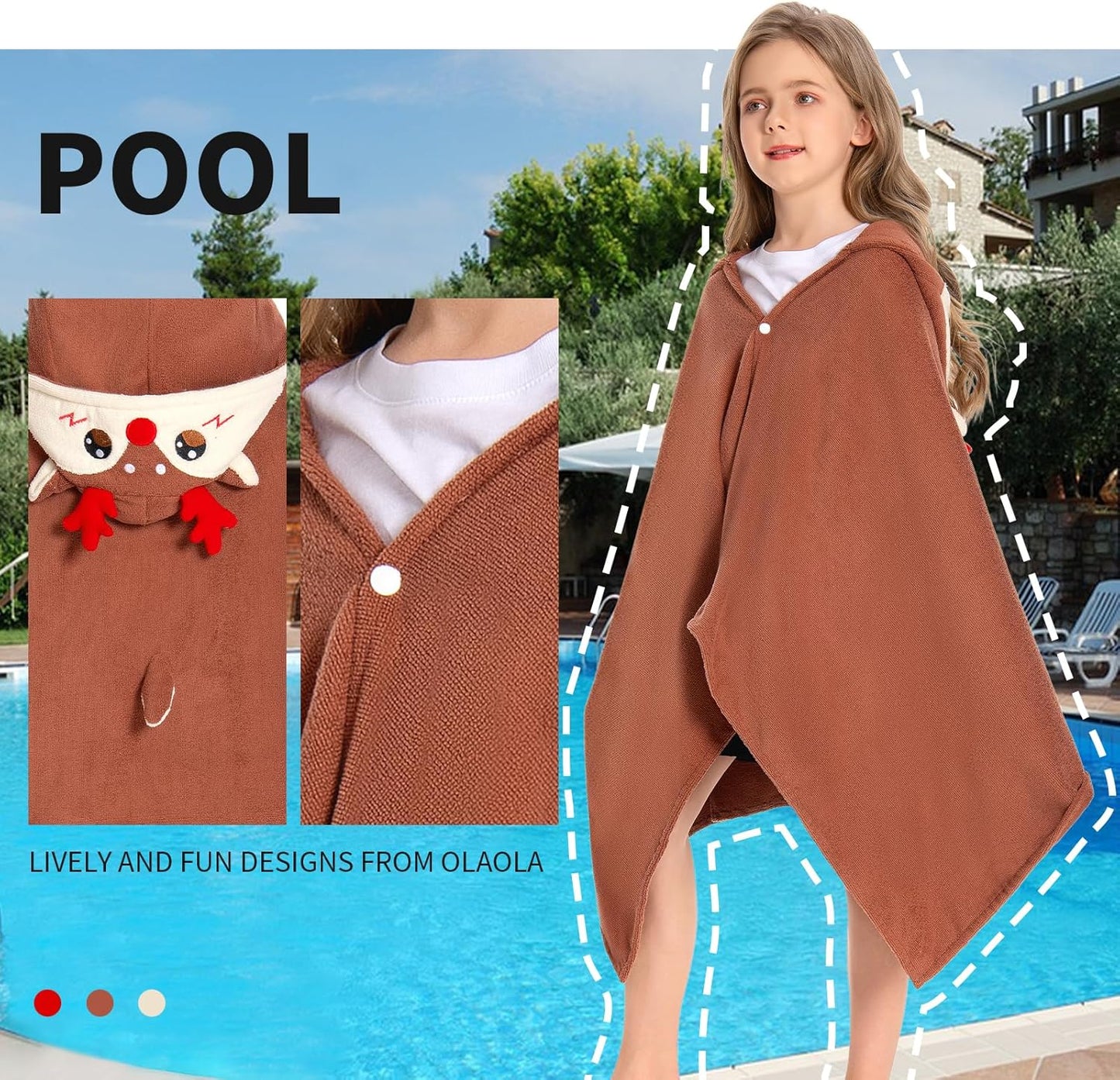 OLAOLA Reindeer Hooded Towel for Kids 3-12 Years, 28" x 53" Soft Thick Absorbent Beach Towels, Toddler Bath Towel Wrap Swim Pool Towels Poncho for Boys Girls